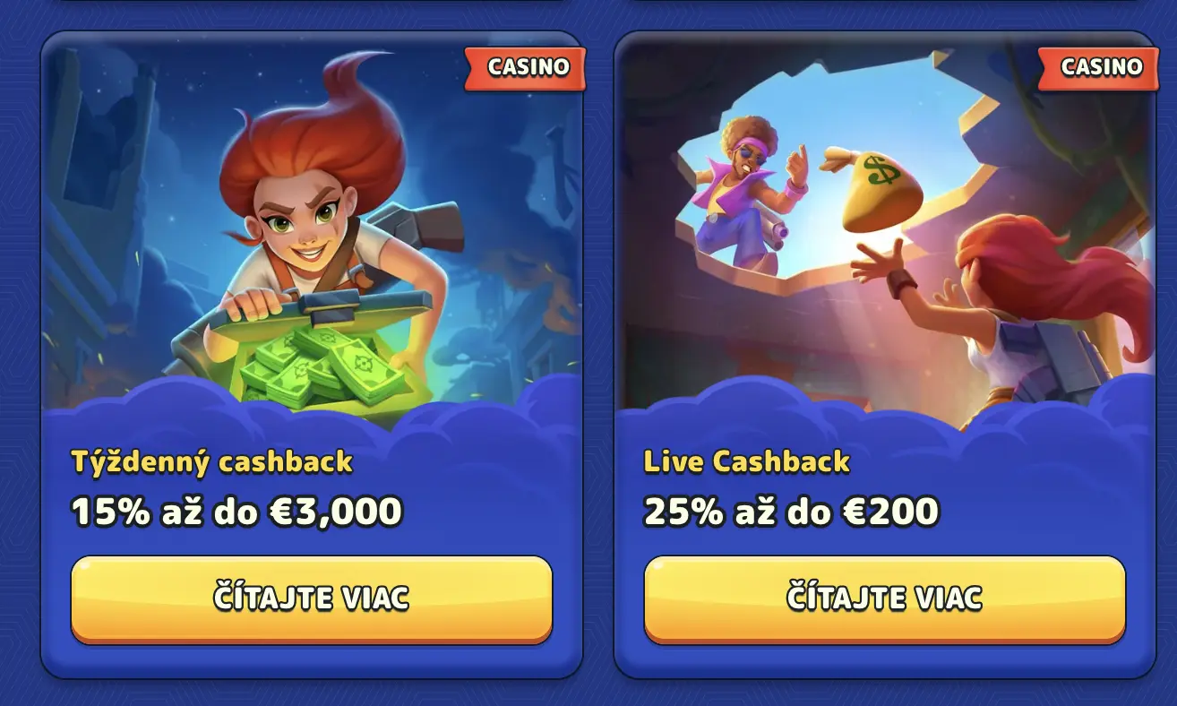 Týždenný a live cashback bonus: Získajte späť až 15 % do €3,000 alebo 25 % do €200. Hrdinka s balíkom peňazí a postava hádžuca vrece dolu cez strechu – cashback bonusy v kasíne.
